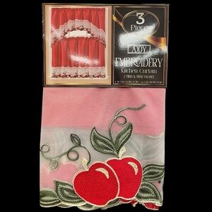 3-pc Cherry Kitchen Window Set Sheer w/ Embroidered Cherries Red Ivory Green NIP